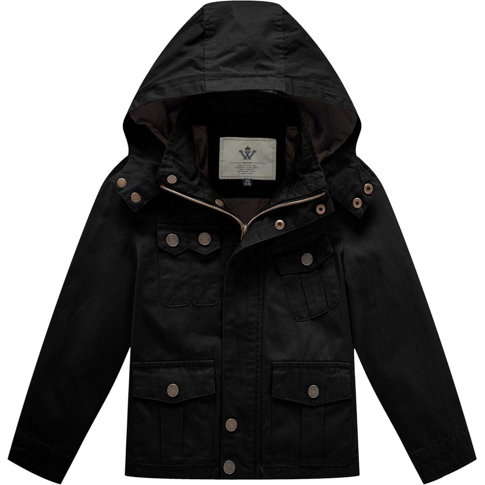 imageWenVen Boys Lightweight Casual Cotton Military Jacket Outerwear with HoodBlack