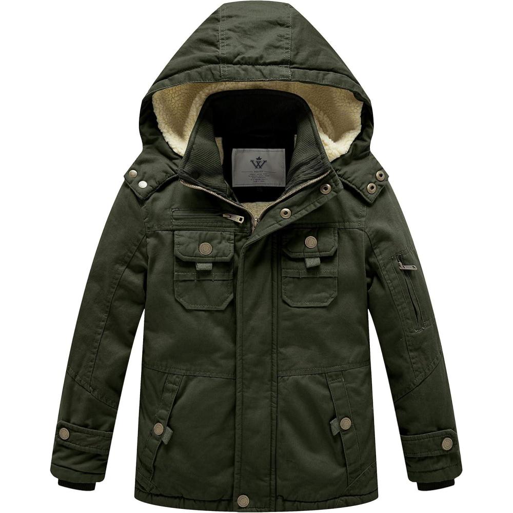 imageWenVen Boys Winter Sherpa Jacket Heavy Twill Cotton Military Coat with HoodArmy Green