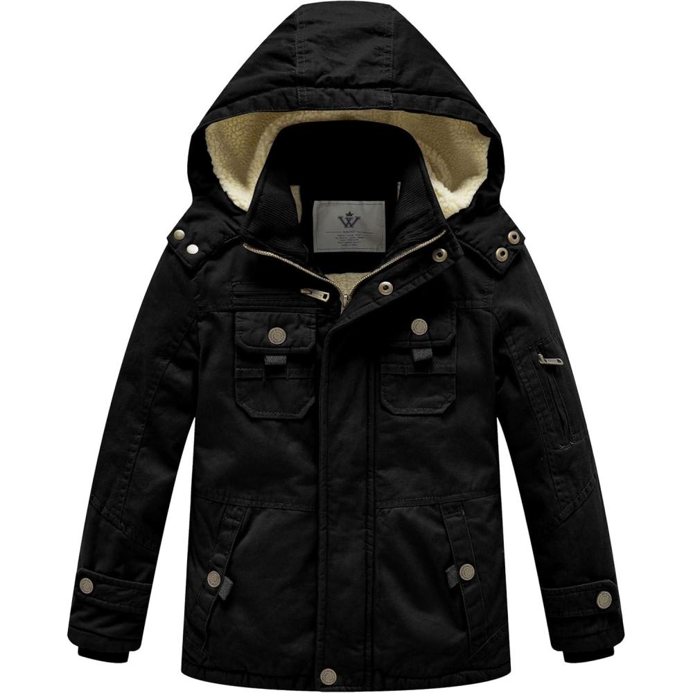 imageWenVen Boys Winter Sherpa Jacket Heavy Twill Cotton Military Coat with HoodBlack