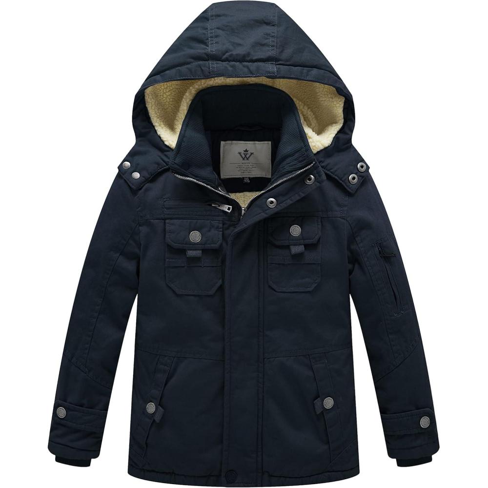 imageWenVen Boys Winter Sherpa Jacket Heavy Twill Cotton Military Coat with HoodBlue