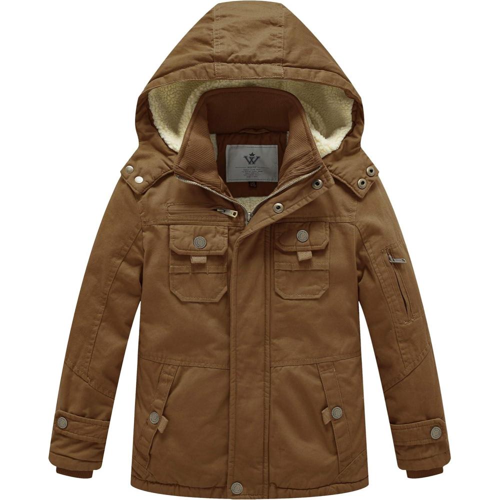 imageWenVen Boys Winter Sherpa Jacket Heavy Twill Cotton Military Coat with HoodBrown
