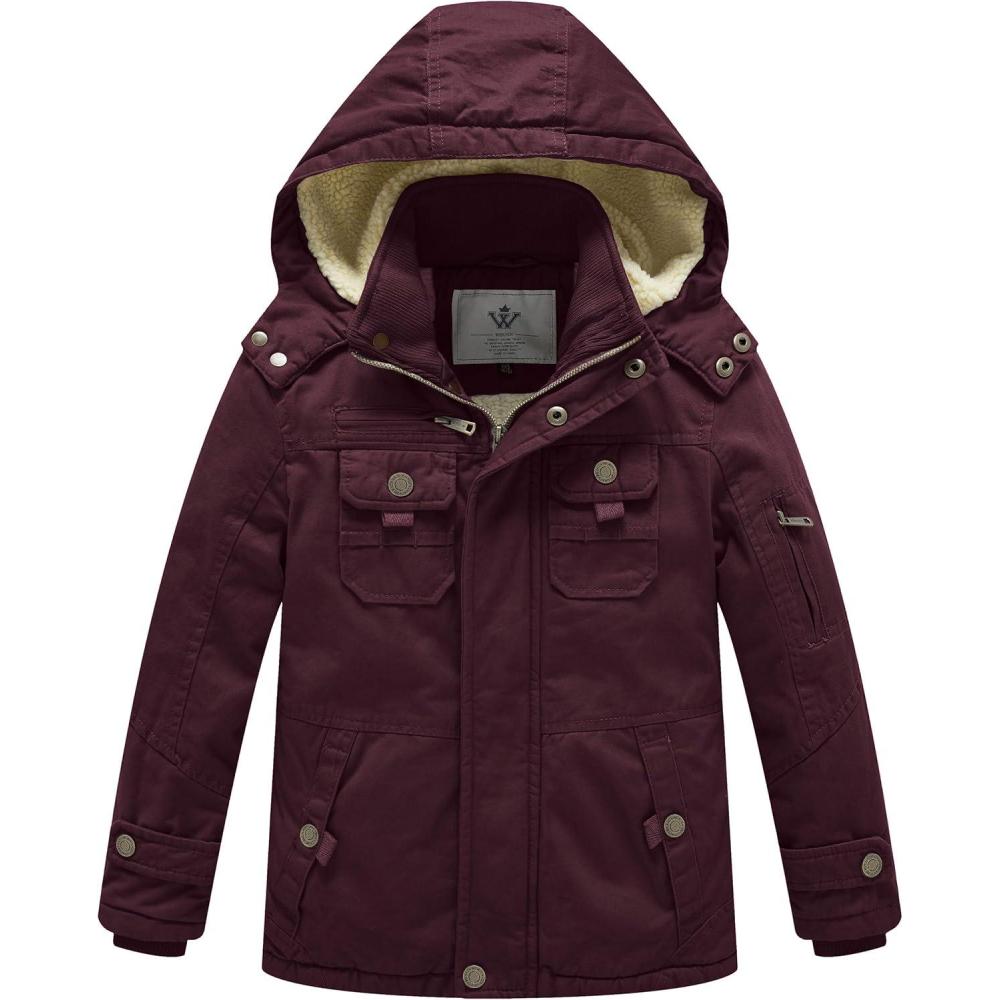 imageWenVen Boys Winter Sherpa Jacket Heavy Twill Cotton Military Coat with HoodDeep Wine