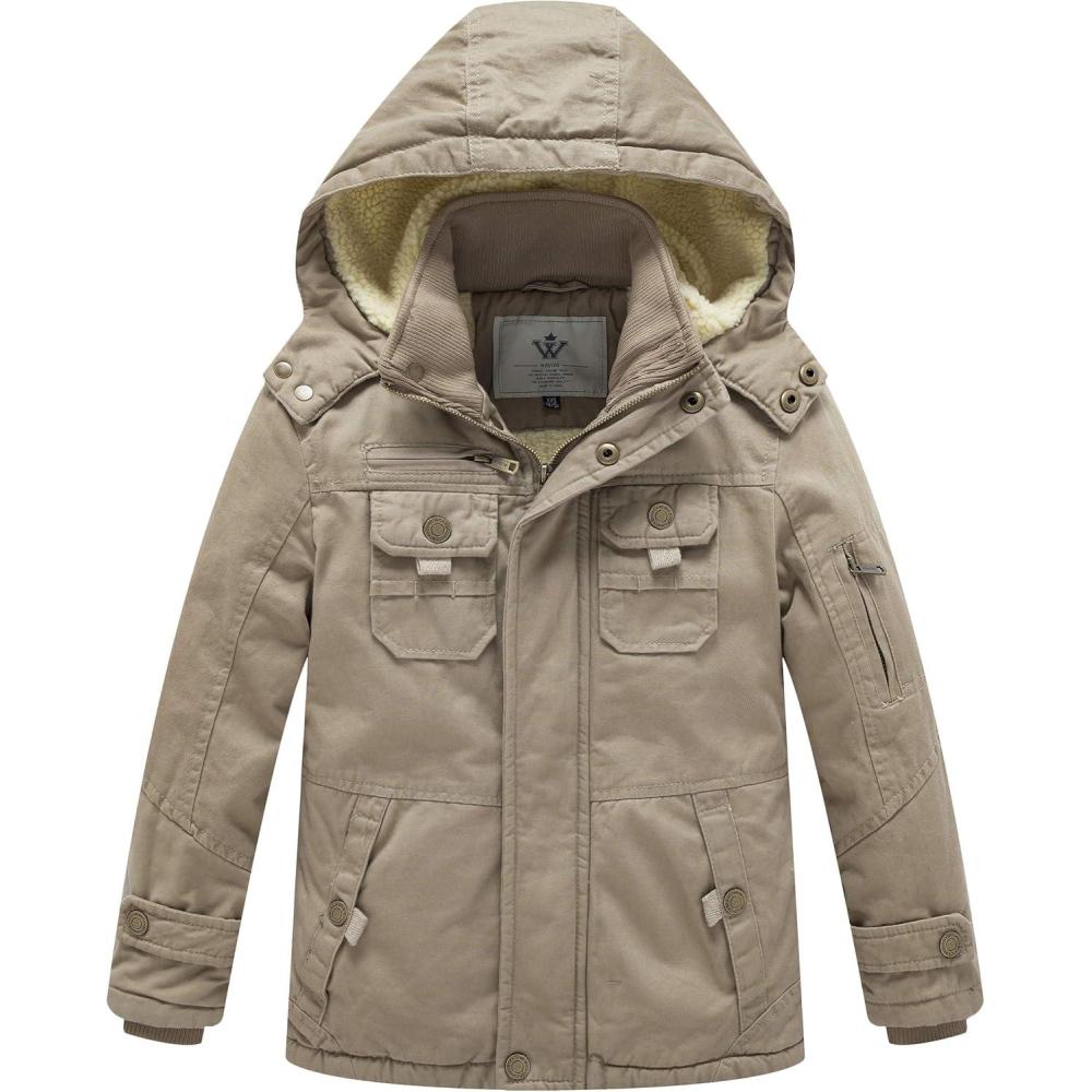 imageWenVen Boys Winter Sherpa Jacket Heavy Twill Cotton Military Coat with HoodKhaki