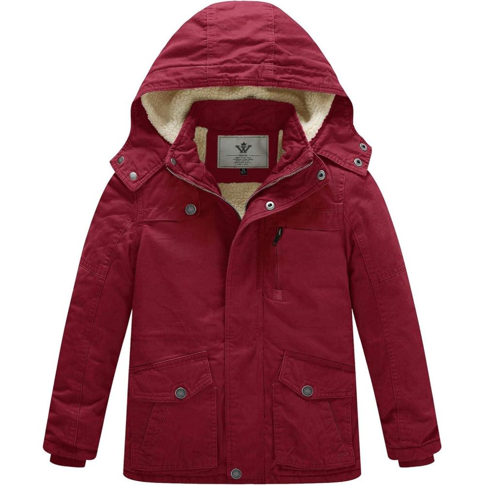 imageWenVen Boys Winter Thicken Cotton Coat Heavy Sherpa Lined Hooded Parka JacketClaret
