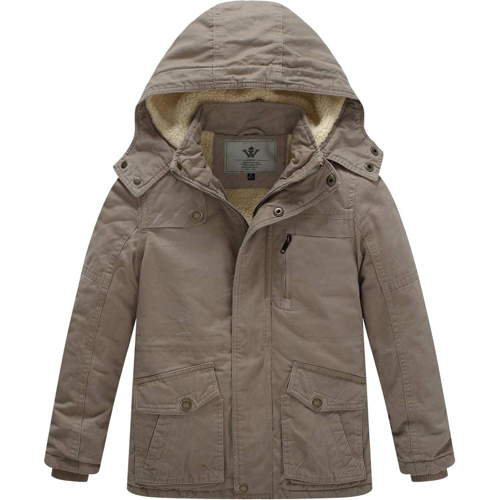 imageWenVen Boys Winter Thicken Cotton Coat Heavy Sherpa Lined Hooded Parka JacketKhaki