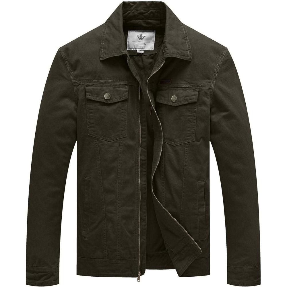 imageWenVen Mens Casual Canvas Cotton Jacket Lightweight Military Utility JacketArmy Greenn