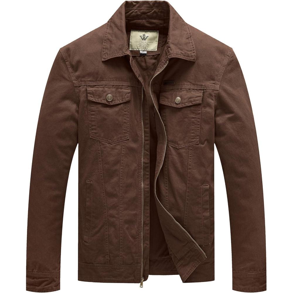 imageWenVen Mens Casual Canvas Cotton Jacket Lightweight Military Utility JacketCoffee