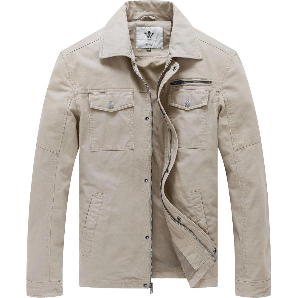imageWenVen Mens Casual Canvas Cotton Military Lapel JacketDesert Sand