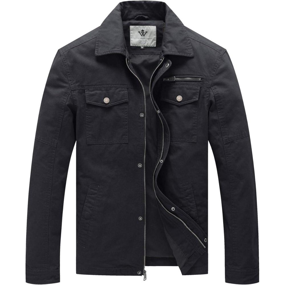 imageWenVen Mens Casual Canvas Cotton Military Lapel JacketGrey