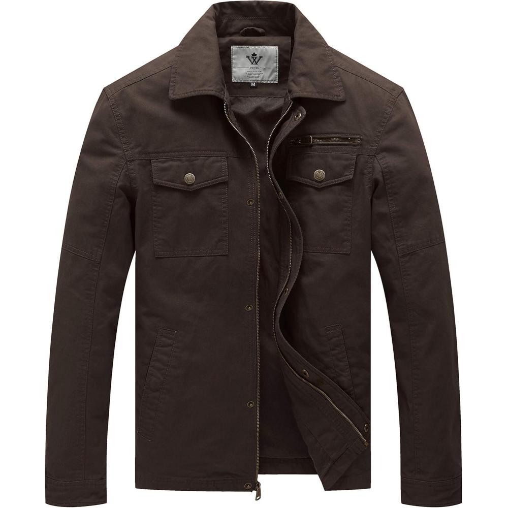 imageWenVen Mens Casual Canvas Cotton Military Lapel JacketTobacco
