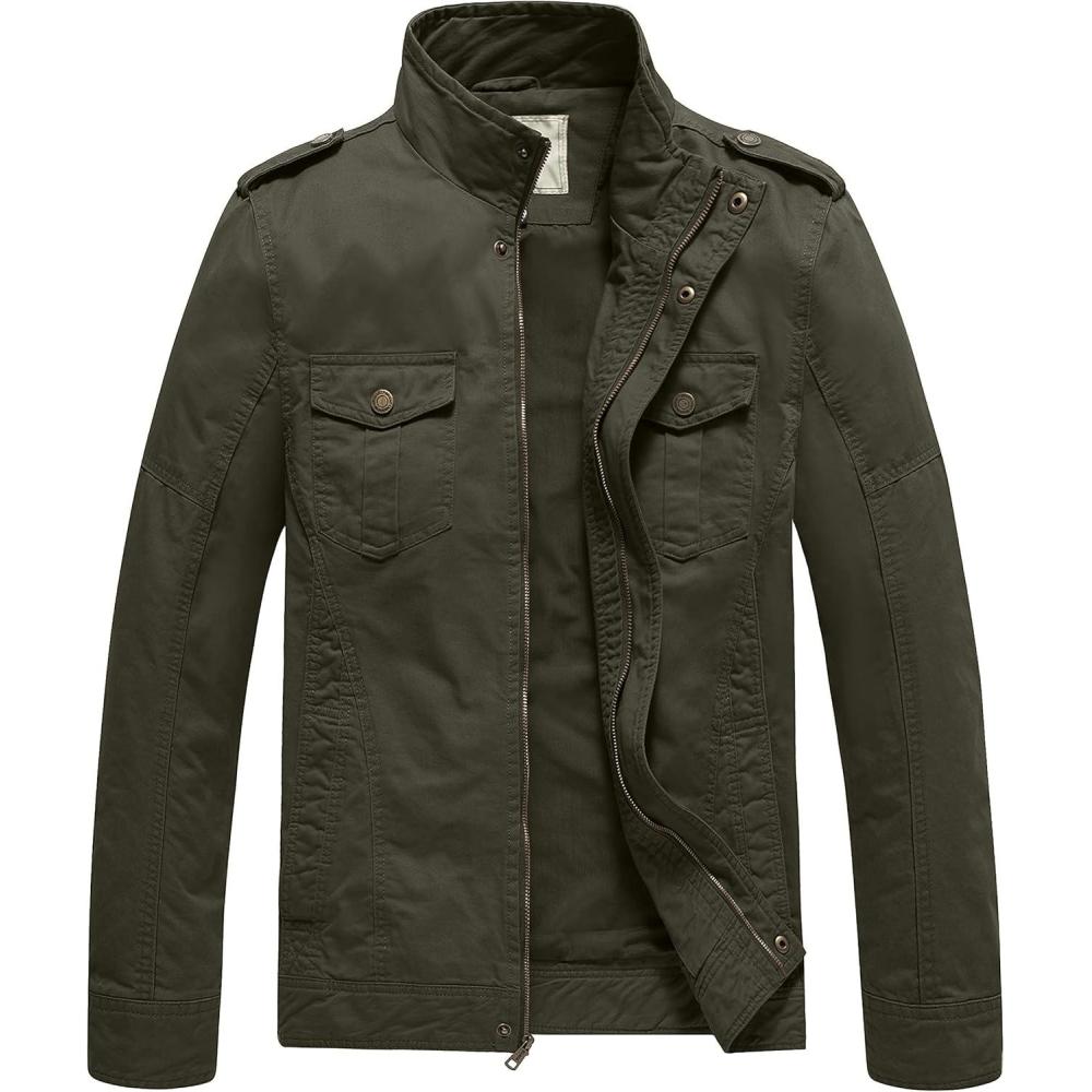 imageWenVen Mens Casual Washed Cotton Military JacketArmy Green