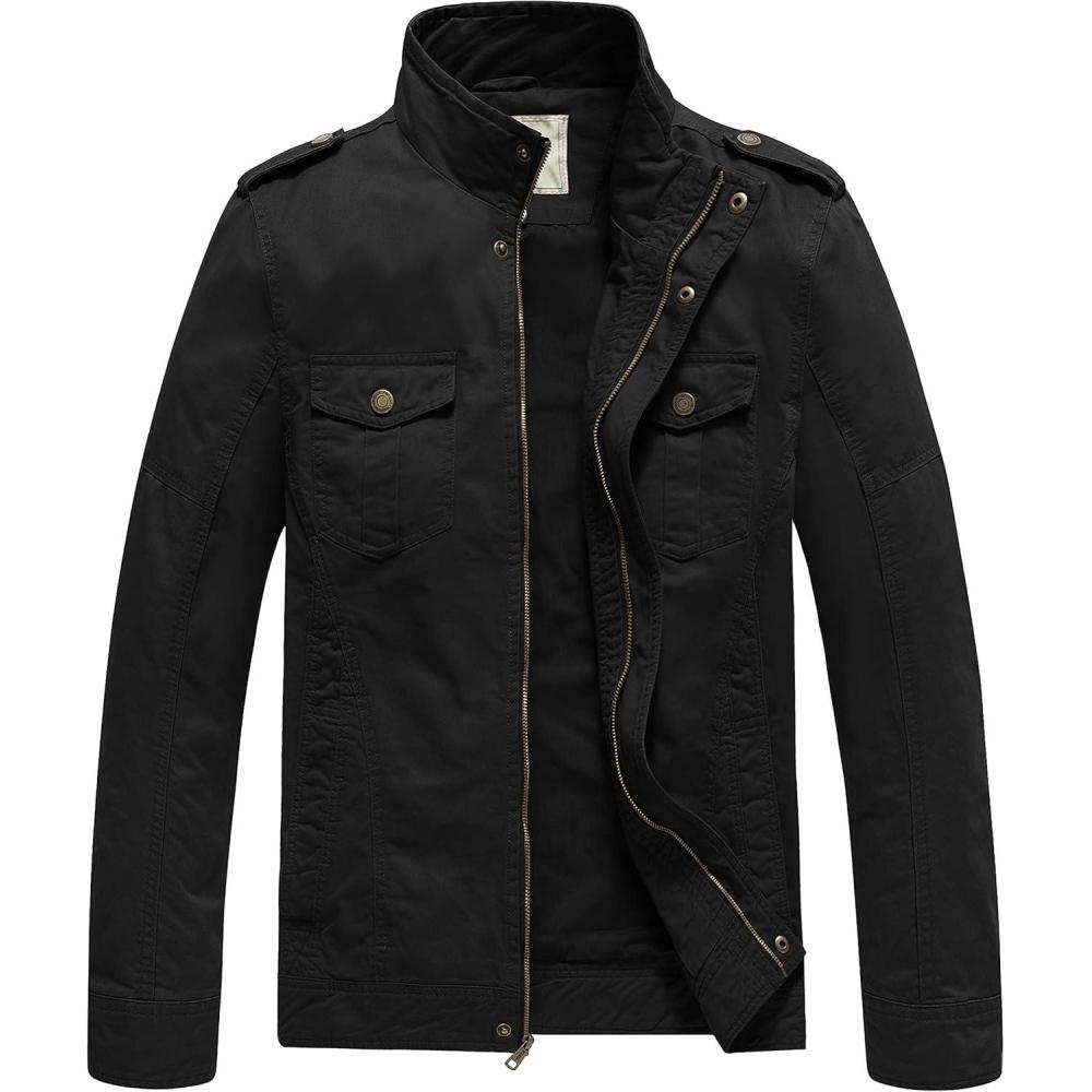 imageWenVen Mens Casual Washed Cotton Military JacketBlack