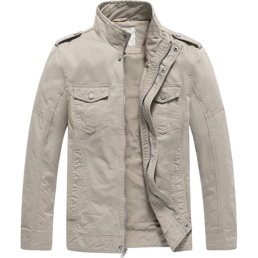 imageWenVen Mens Casual Washed Cotton Military JacketDesert Sand