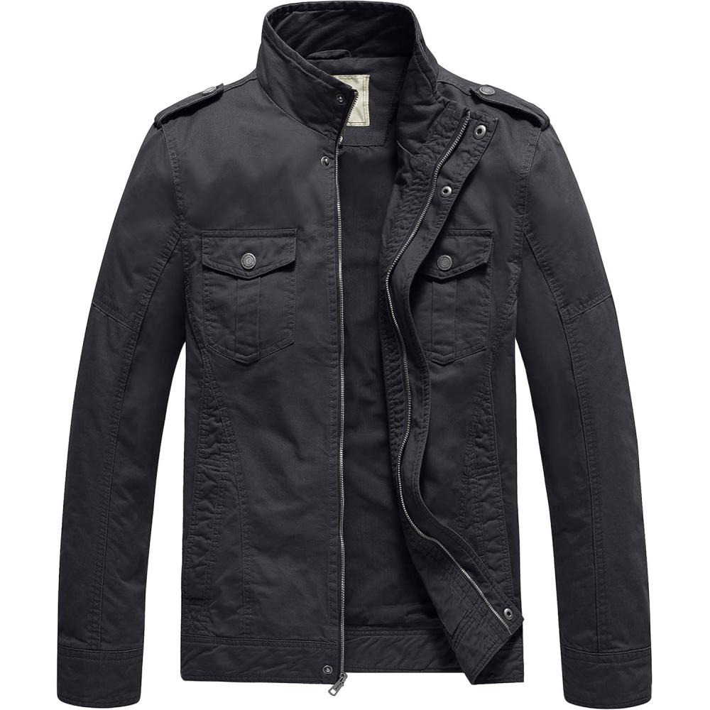 imageWenVen Mens Casual Washed Cotton Military JacketGrey