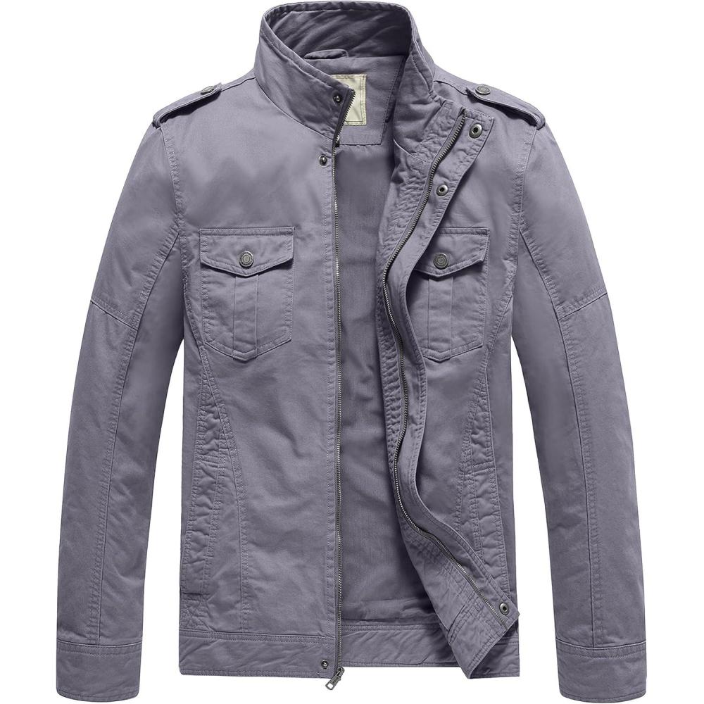 imageWenVen Mens Casual Washed Cotton Military JacketLight Grey