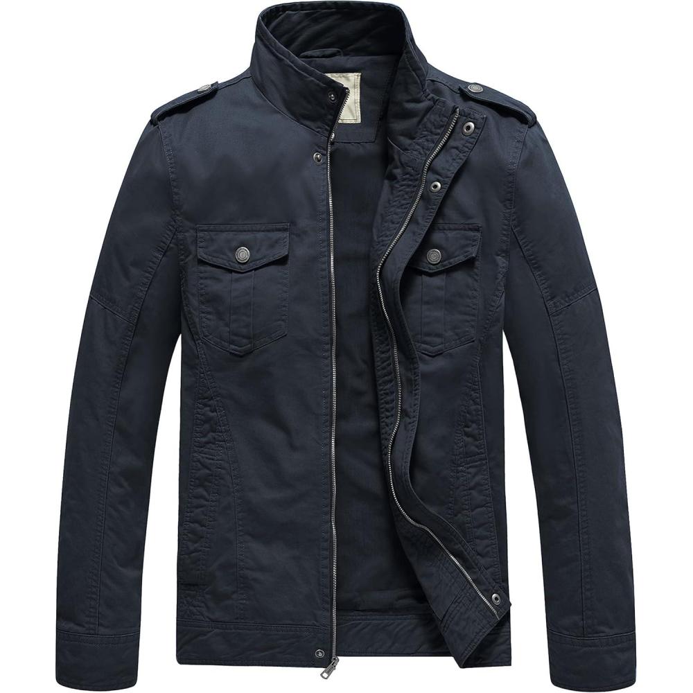 imageWenVen Mens Casual Washed Cotton Military JacketNavy