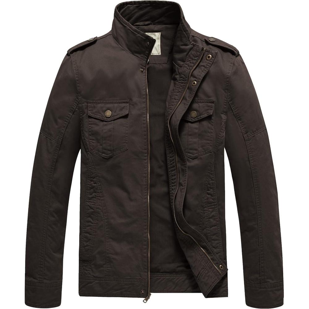 imageWenVen Mens Casual Washed Cotton Military JacketTobacco