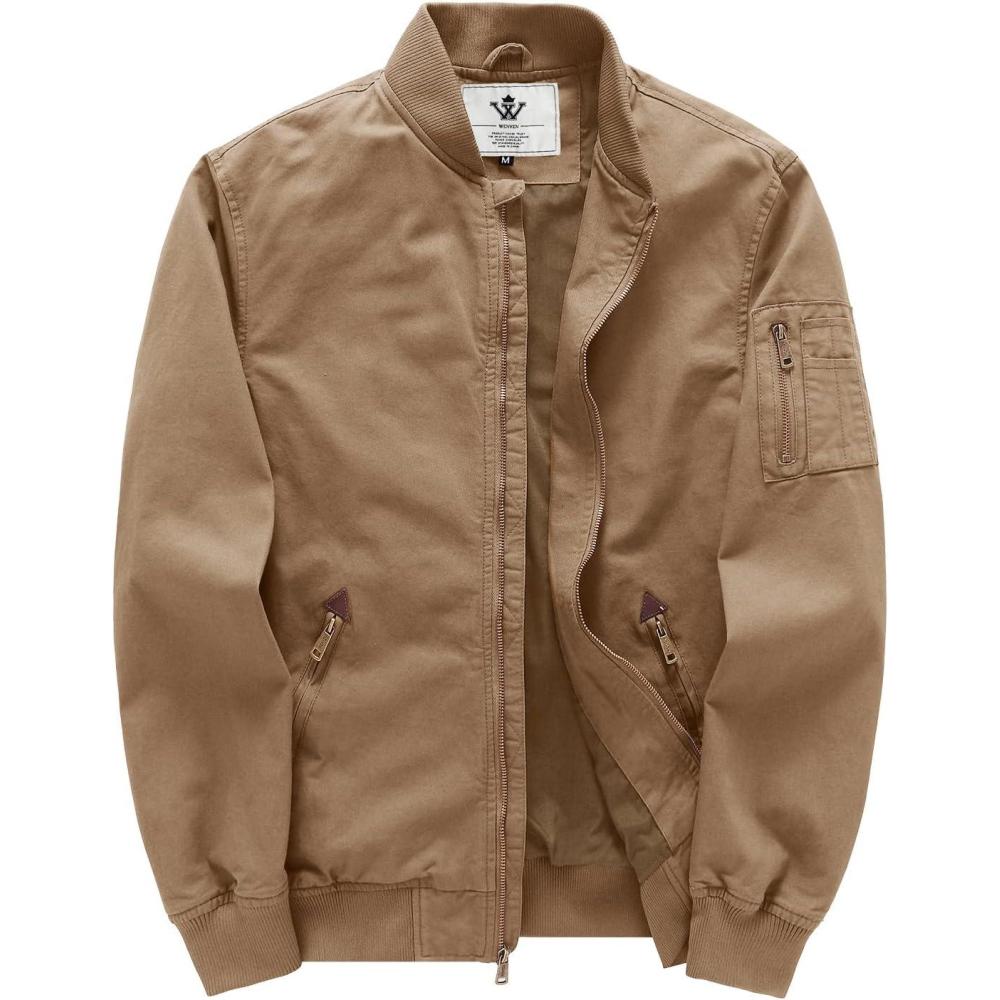 imageWenVen Mens Lightweight Cotton Flight Bomber Jacket Casual Military WindbreakerKhaki