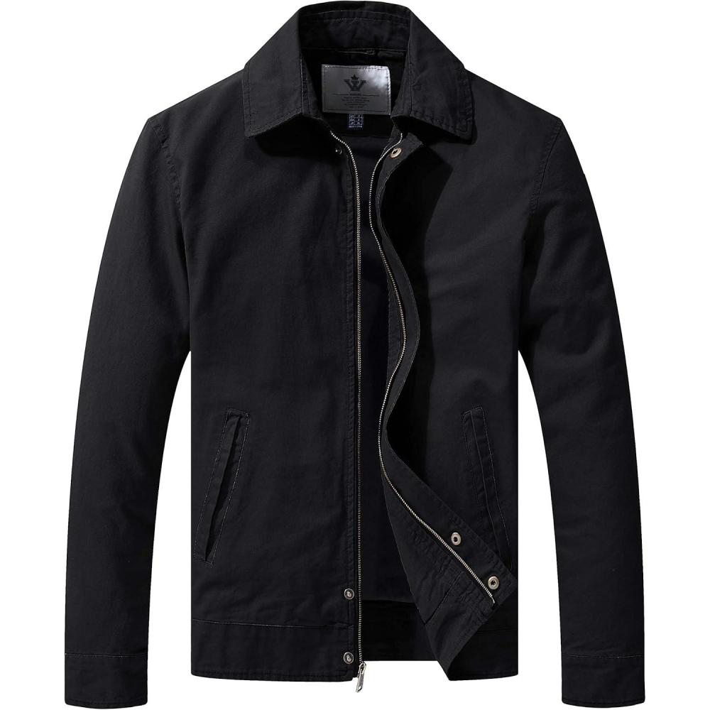 imageWenVen Mens Lightweight Military Cotton Jacket Casual Spring Lapel Work CoatBlack