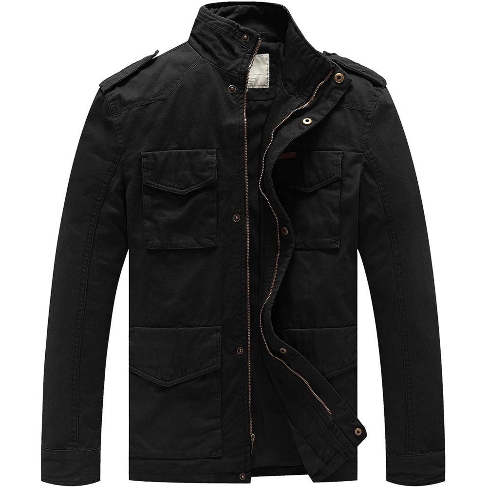 imageWenVen Mens Lightweight Military Style Jacket Twill Cotton WindbreakerBlack