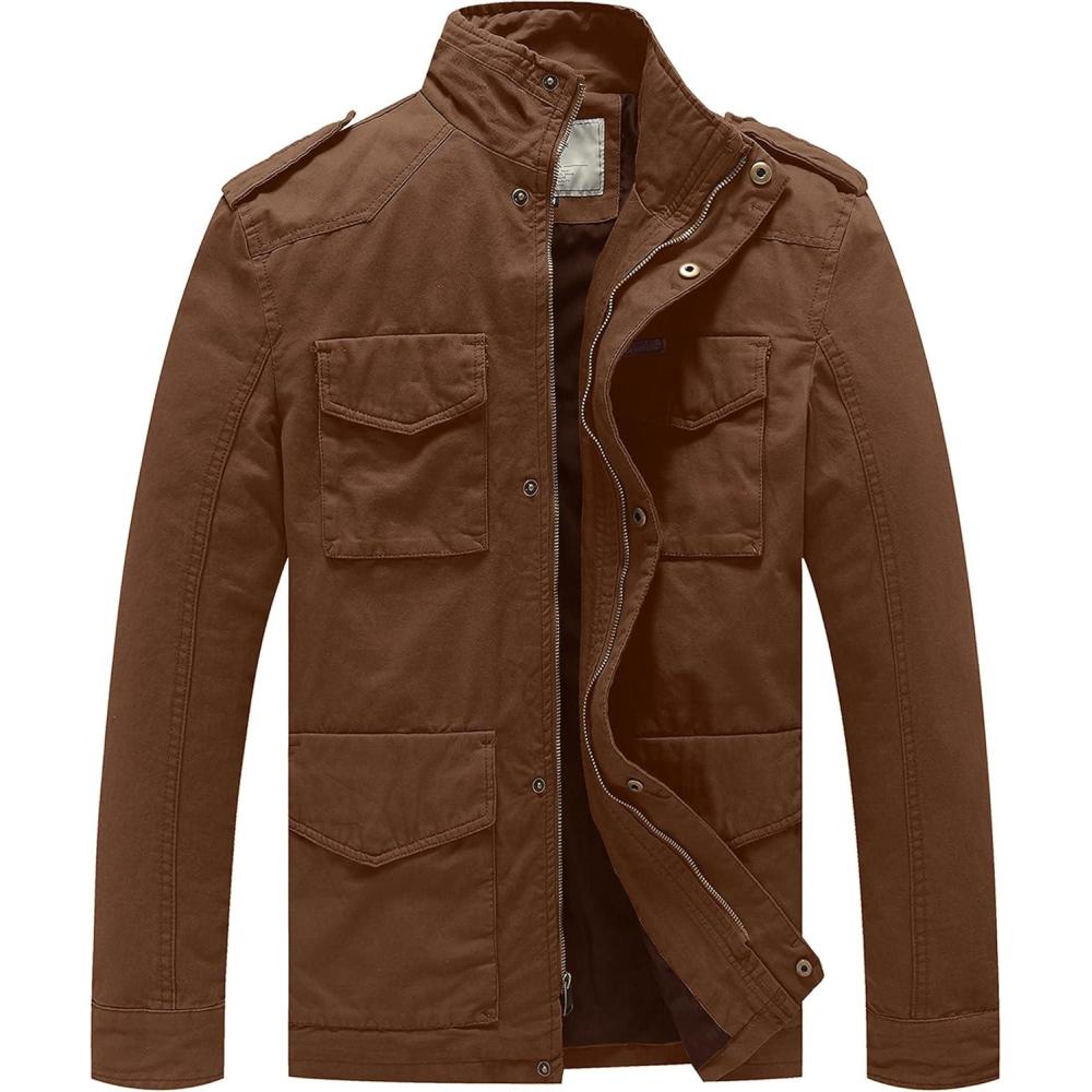imageWenVen Mens Lightweight Military Style Jacket Twill Cotton WindbreakerCoffee