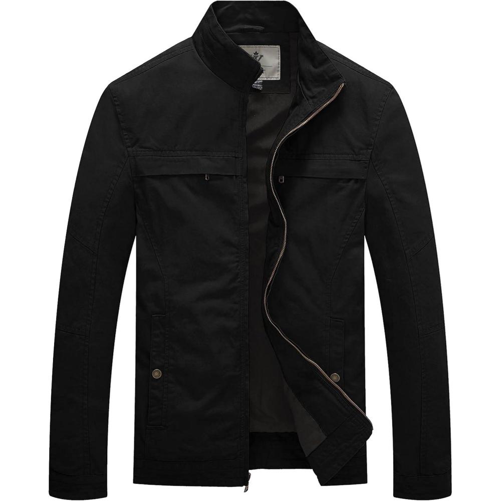 imageWenVen Mens Spring Canvas Military Style Jacket Casual Lightweight Cotton CoatBlack