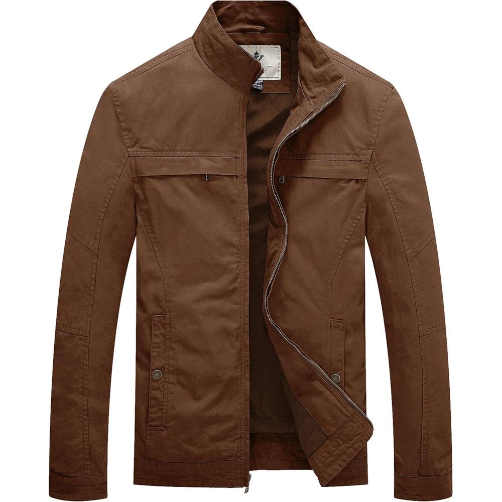 imageWenVen Mens Spring Canvas Military Style Jacket Casual Lightweight Cotton CoatCoffee