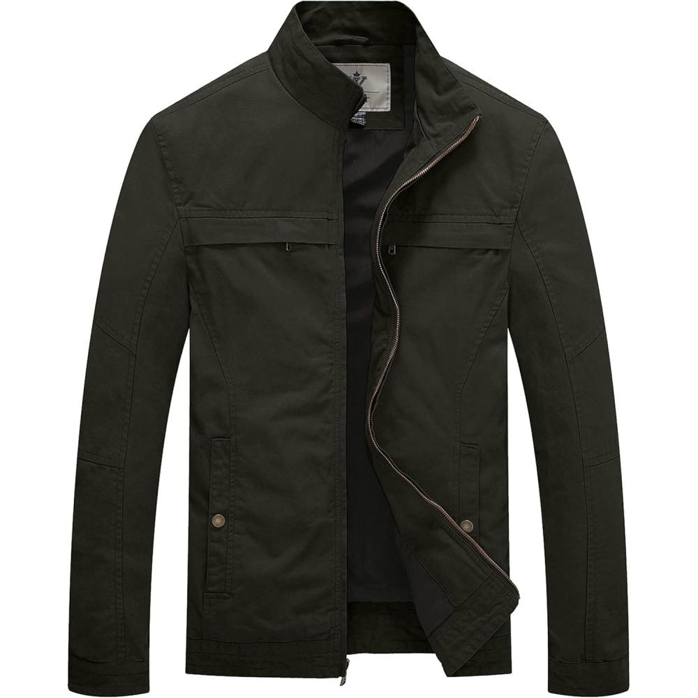 imageWenVen Mens Spring Canvas Military Style Jacket Casual Lightweight Cotton CoatGreen