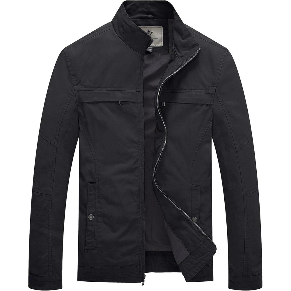 imageWenVen Mens Spring Canvas Military Style Jacket Casual Lightweight Cotton CoatGrey