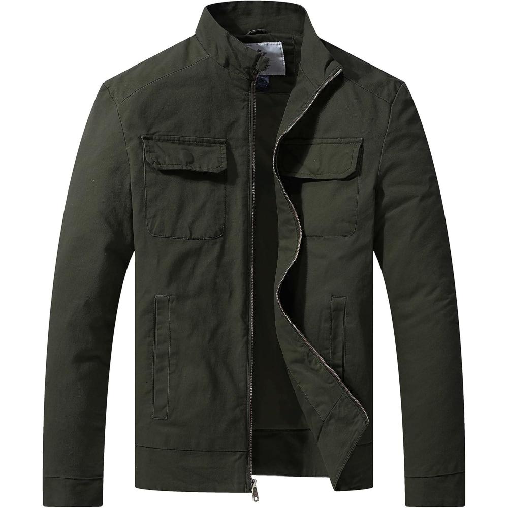 imageWenVen Mens Spring Cotton Military Jacket Casual Lightweight Canvas Field CoatArmy Green
