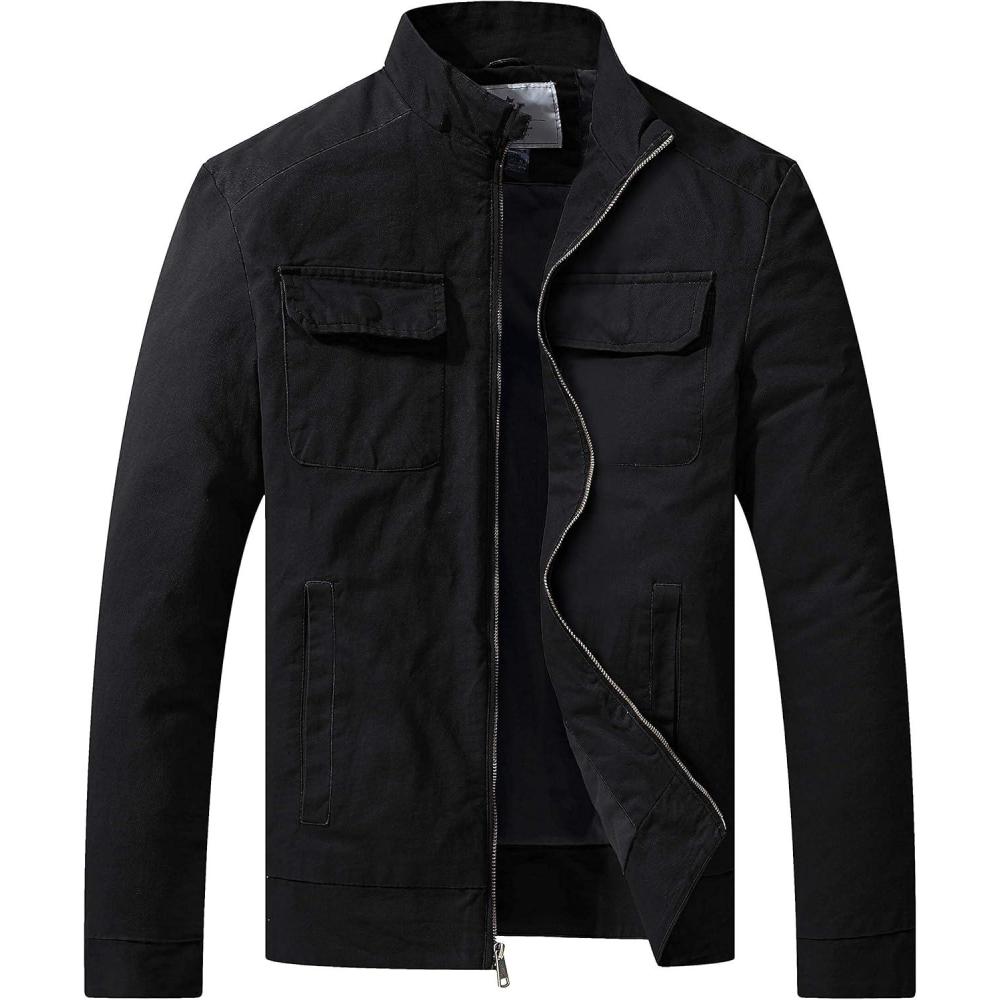 imageWenVen Mens Spring Cotton Military Jacket Casual Lightweight Canvas Field CoatBlack