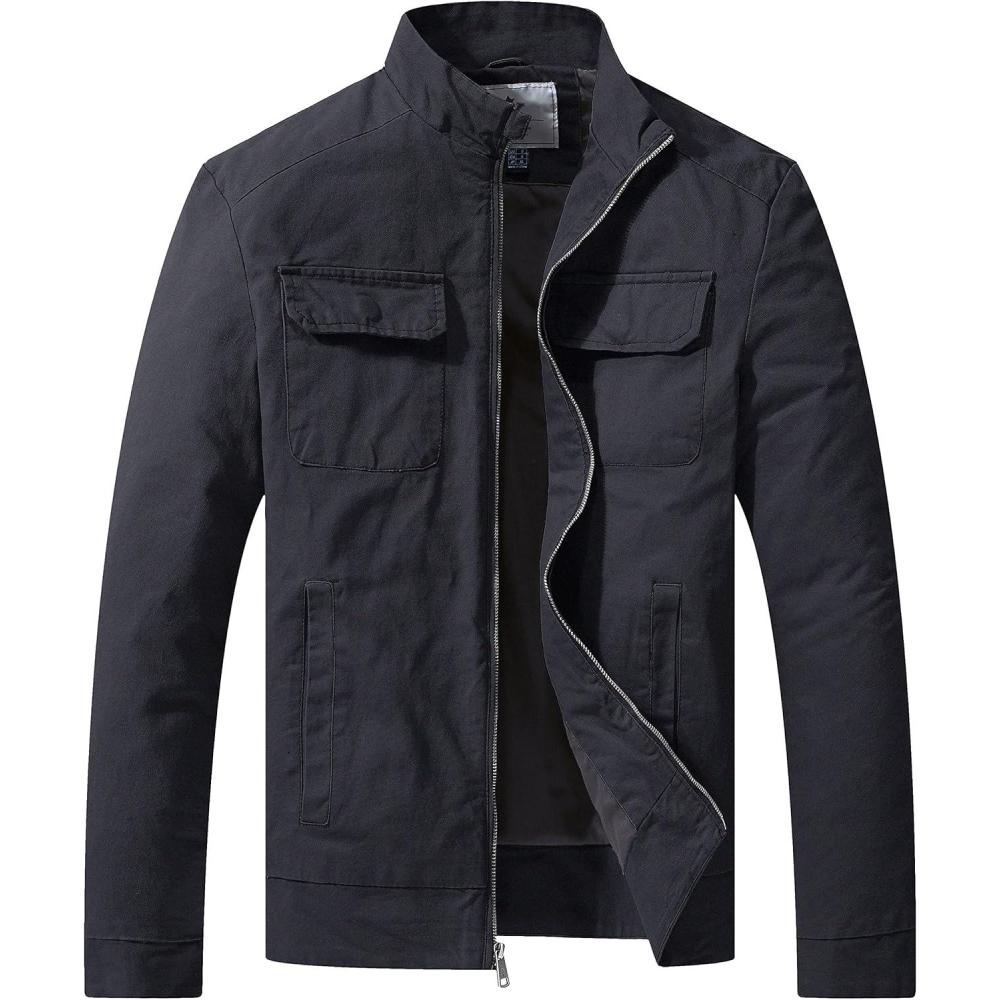 imageWenVen Mens Spring Cotton Military Jacket Casual Lightweight Canvas Field CoatGray