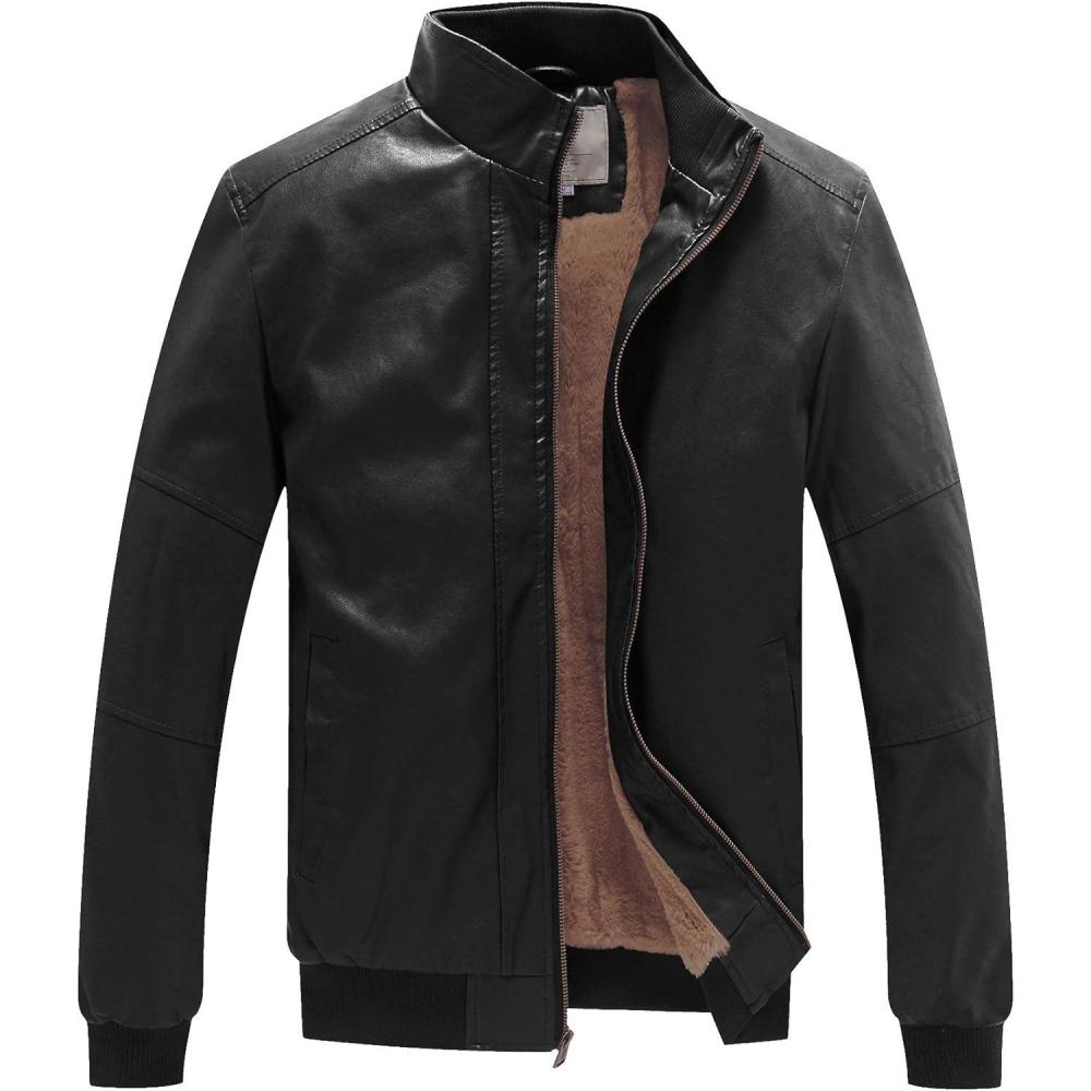 imageWenVen Mens Stand Collar Fleece Lined Bomber Faux Leather JacketBlack