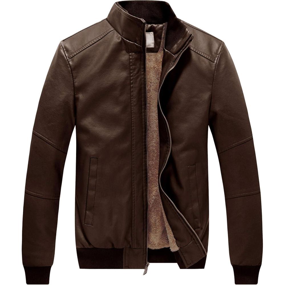 imageWenVen Mens Stand Collar Fleece Lined Bomber Faux Leather JacketBrown