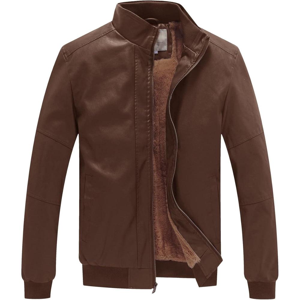 imageWenVen Mens Stand Collar Fleece Lined Bomber Faux Leather JacketField