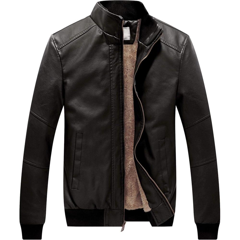 imageWenVen Mens Stand Collar Fleece Lined Bomber Faux Leather JacketGrey