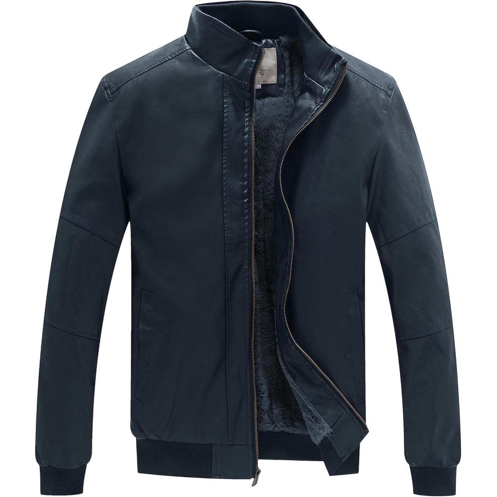imageWenVen Mens Stand Collar Fleece Lined Bomber Faux Leather JacketNavy