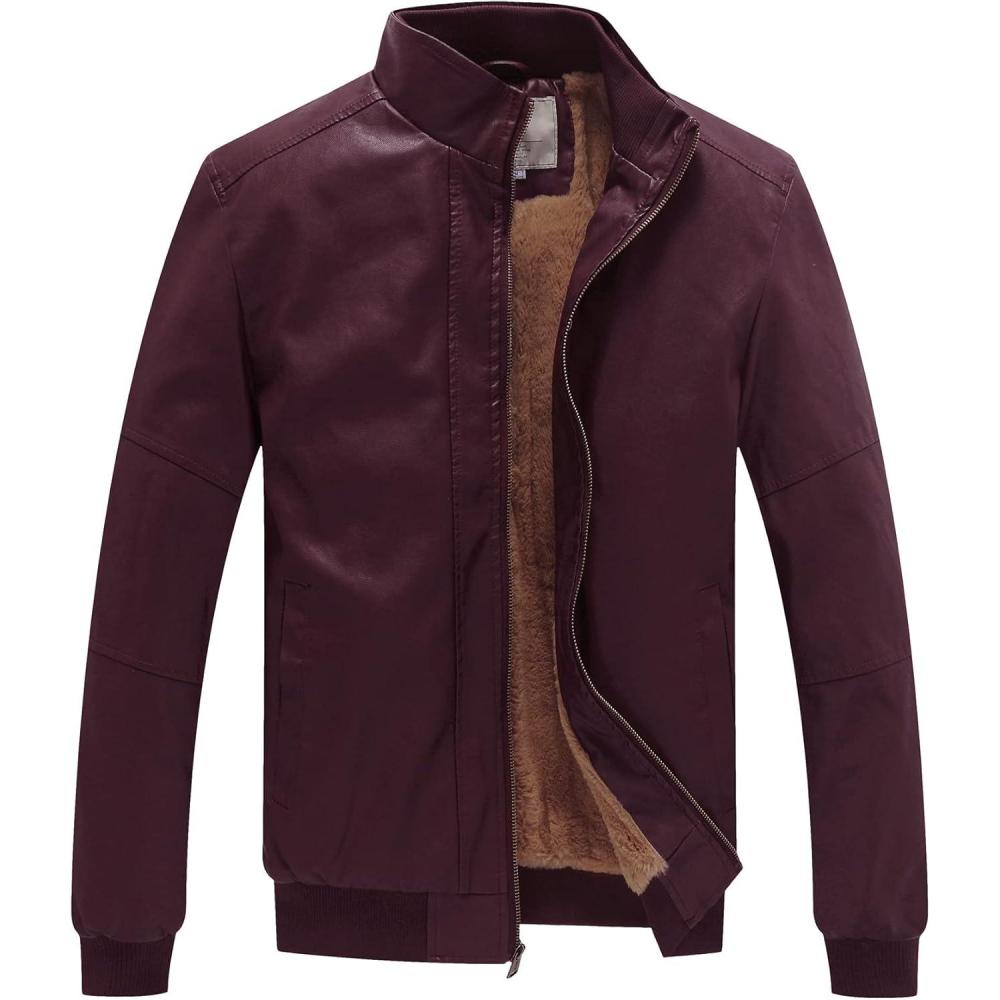 imageWenVen Mens Stand Collar Fleece Lined Bomber Faux Leather JacketRed Wine