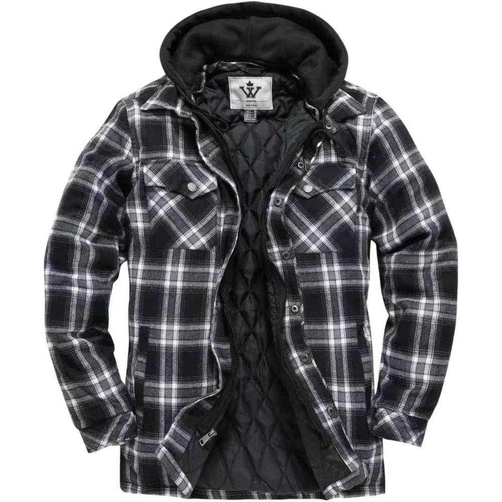 imageWenVen Mens Thicken Plaid Flannel Quilted Shirts Jacket with Removable HoodBlack