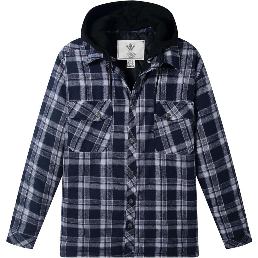imageWenVen Mens Thicken Plaid Flannel Quilted Shirts Jacket with Removable HoodBlue