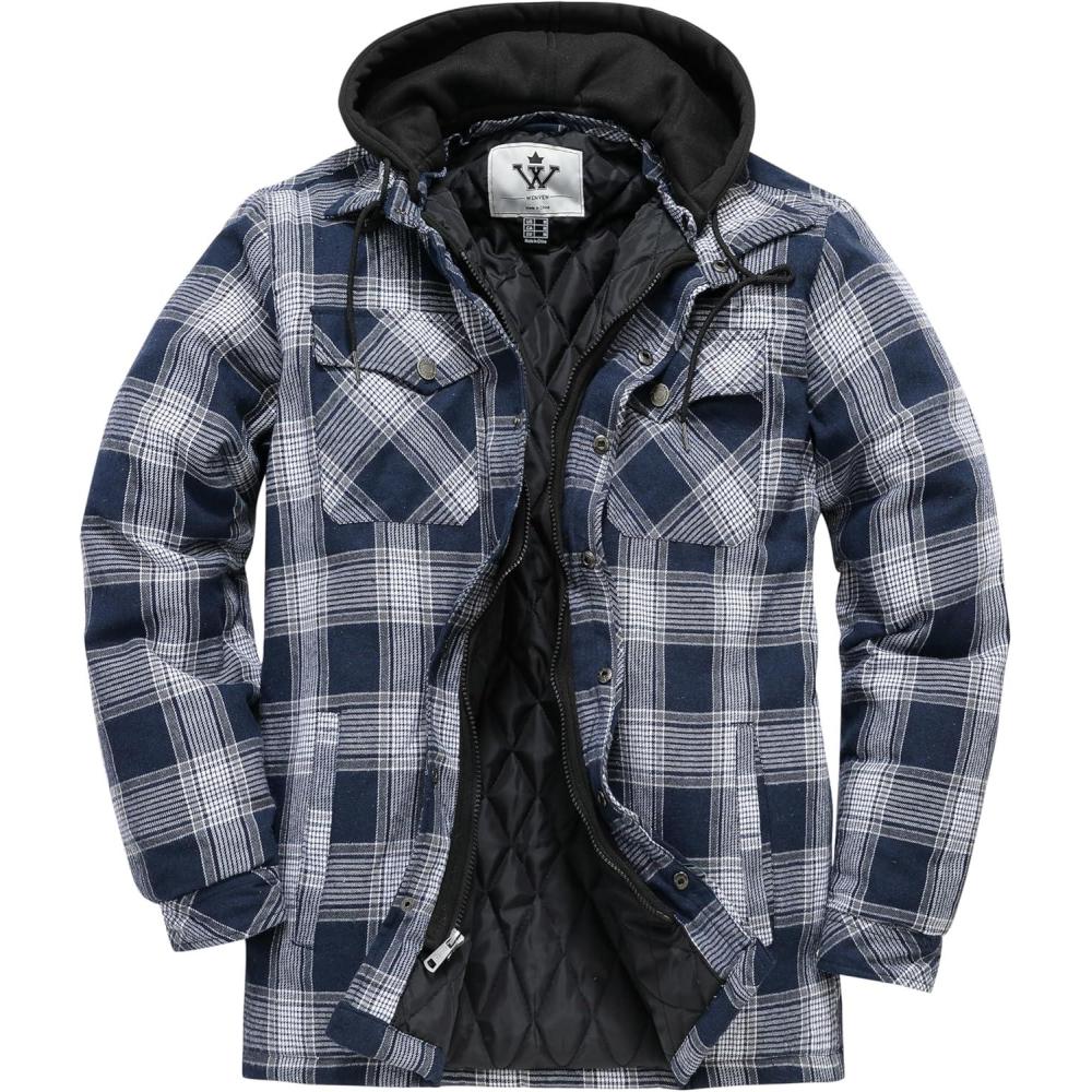 imageWenVen Mens Thicken Plaid Flannel Quilted Shirts Jacket with Removable HoodDark Blue