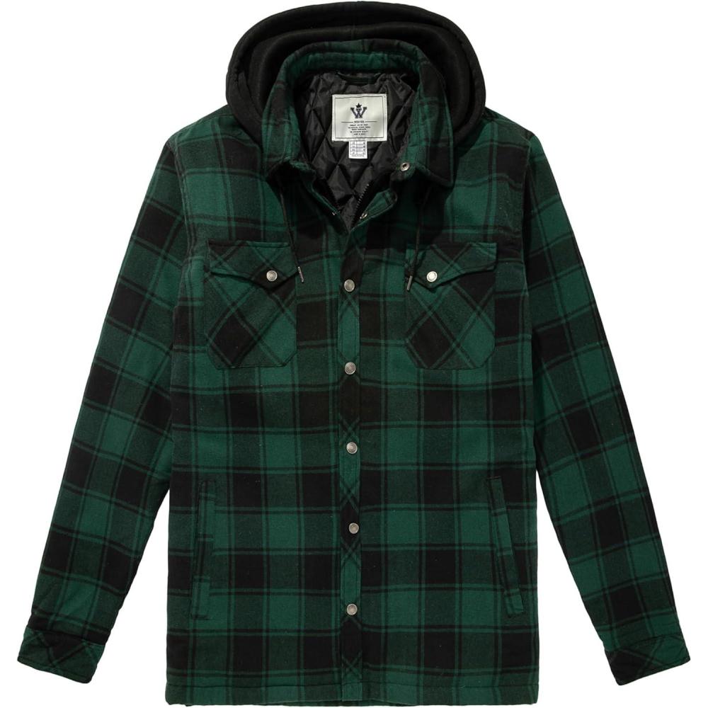 imageWenVen Mens Thicken Plaid Flannel Quilted Shirts Jacket with Removable HoodDark Green