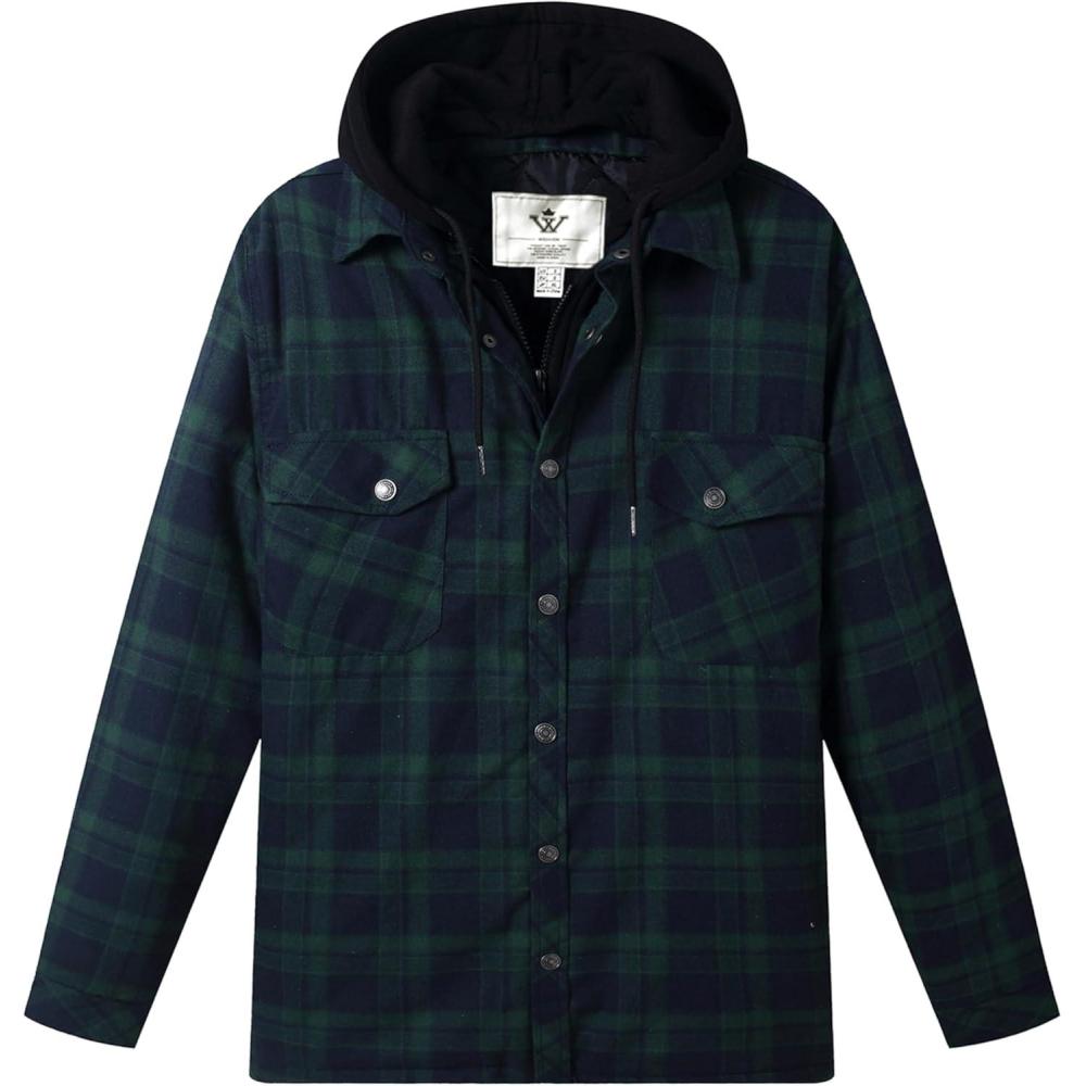 imageWenVen Mens Thicken Plaid Flannel Quilted Shirts Jacket with Removable HoodForest Green