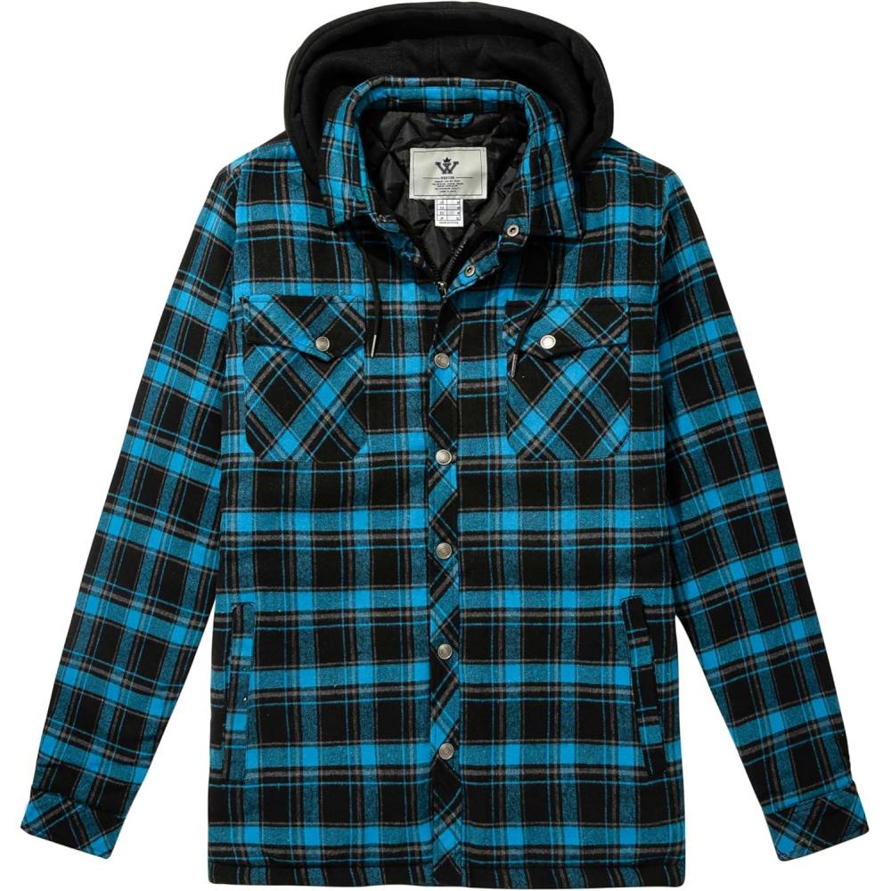 imageWenVen Mens Thicken Plaid Flannel Quilted Shirts Jacket with Removable HoodLight Blue