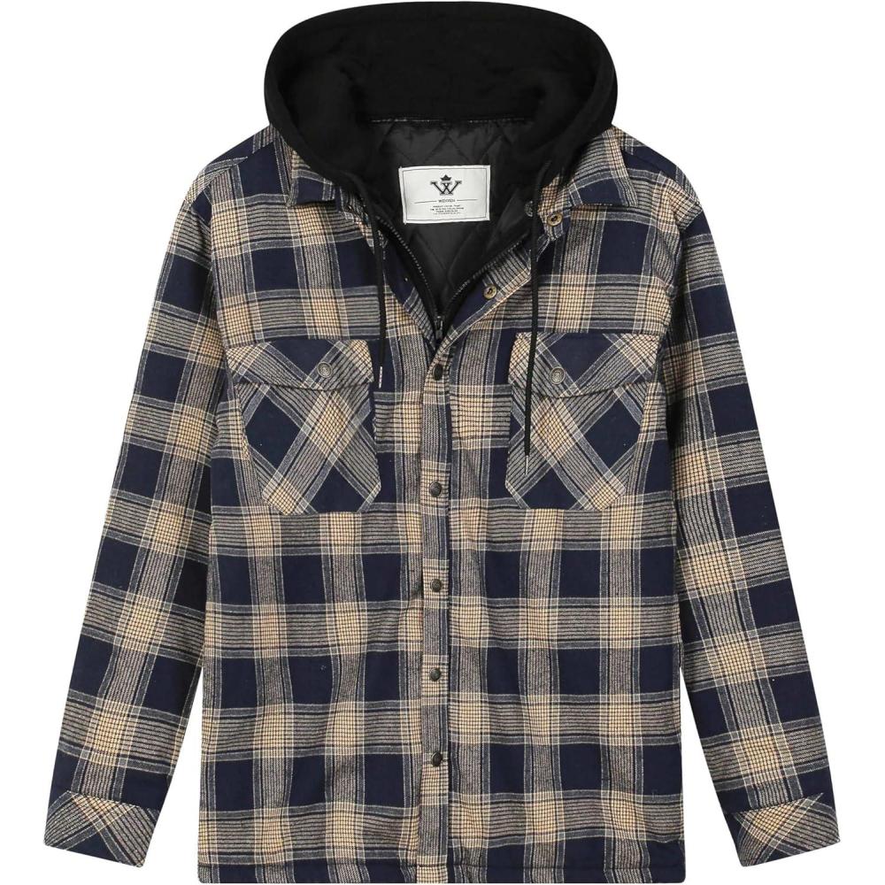 imageWenVen Mens Thicken Plaid Flannel Quilted Shirts Jacket with Removable HoodYellow