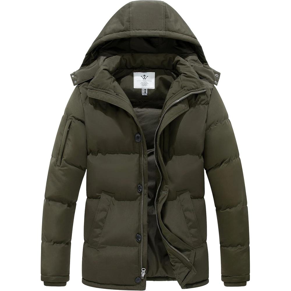 imageWenVen Mens Warm Puffer Jacket Thicken Padded Winter Coat with Detachable HoodArmy Green