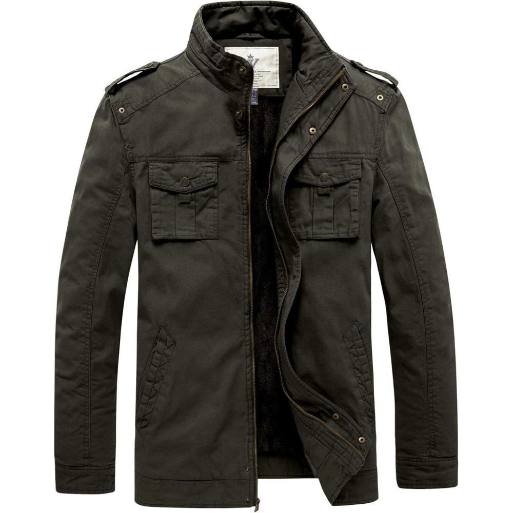 imageWenVen Mens Winter Casual Cotton Coat Thicken Fleece Lined Military JacketArmy Green