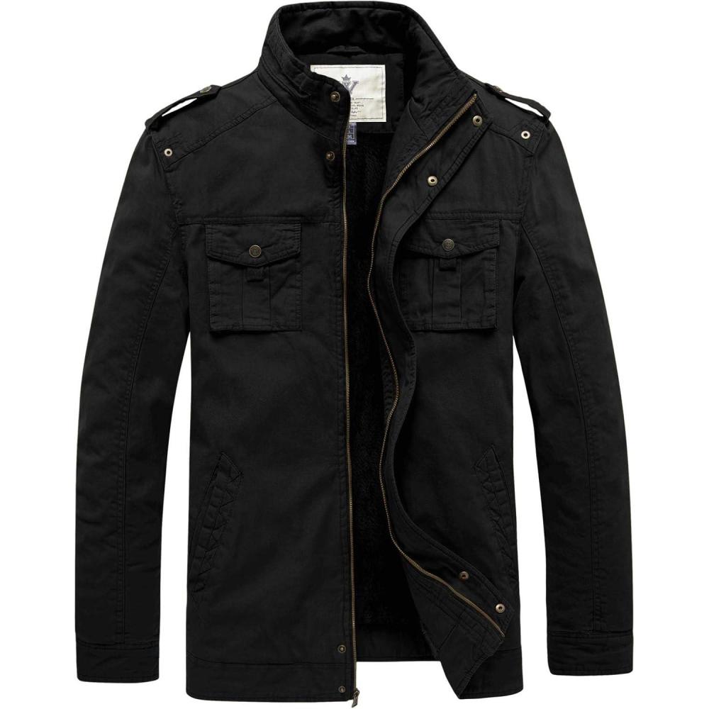 imageWenVen Mens Winter Casual Cotton Coat Thicken Fleece Lined Military JacketBlack