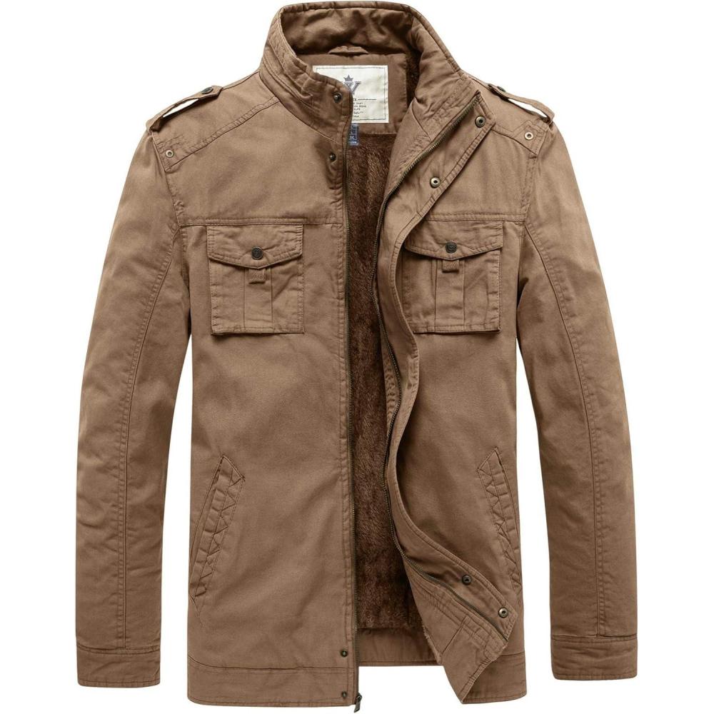 imageWenVen Mens Winter Casual Cotton Coat Thicken Fleece Lined Military JacketKhaki