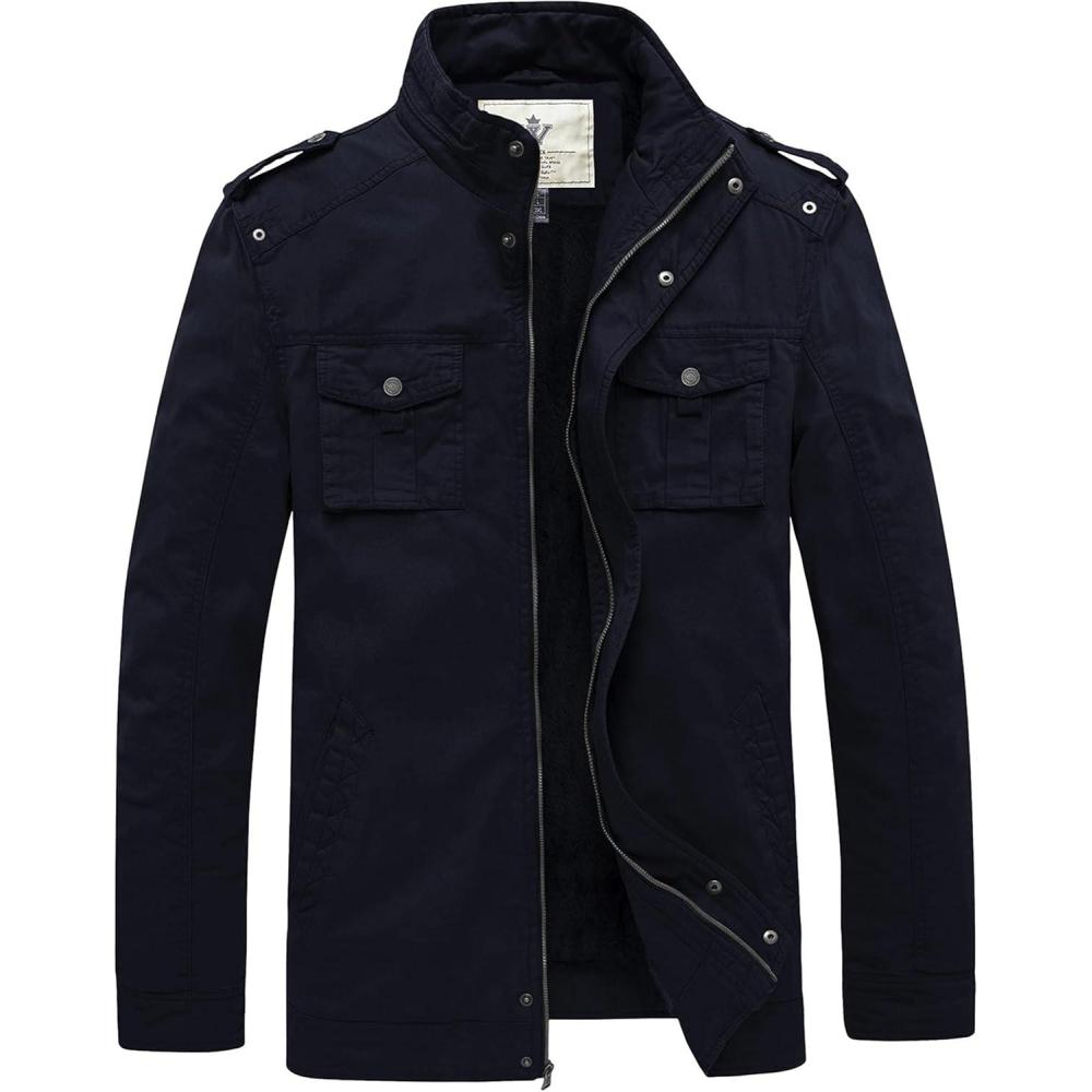 imageWenVen Mens Winter Casual Cotton Coat Thicken Fleece Lined Military JacketNavy